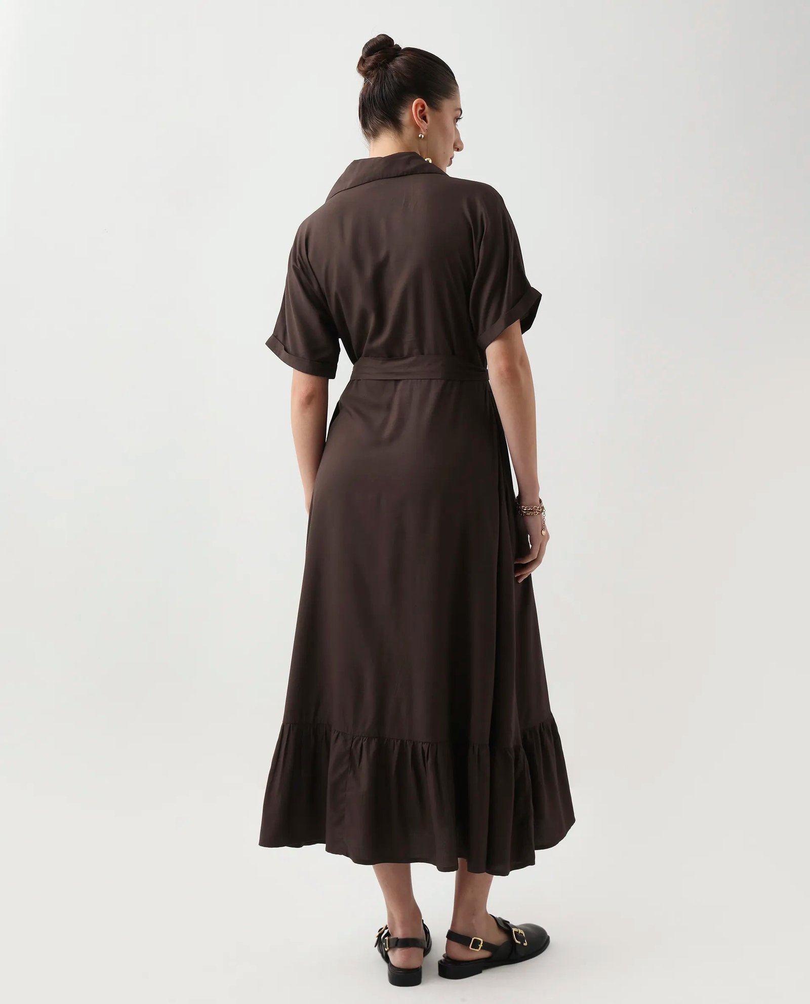 Rareism Women's Elate Brown Viscose Johnny Collar A-Line Plain Midi Dress - Image 7