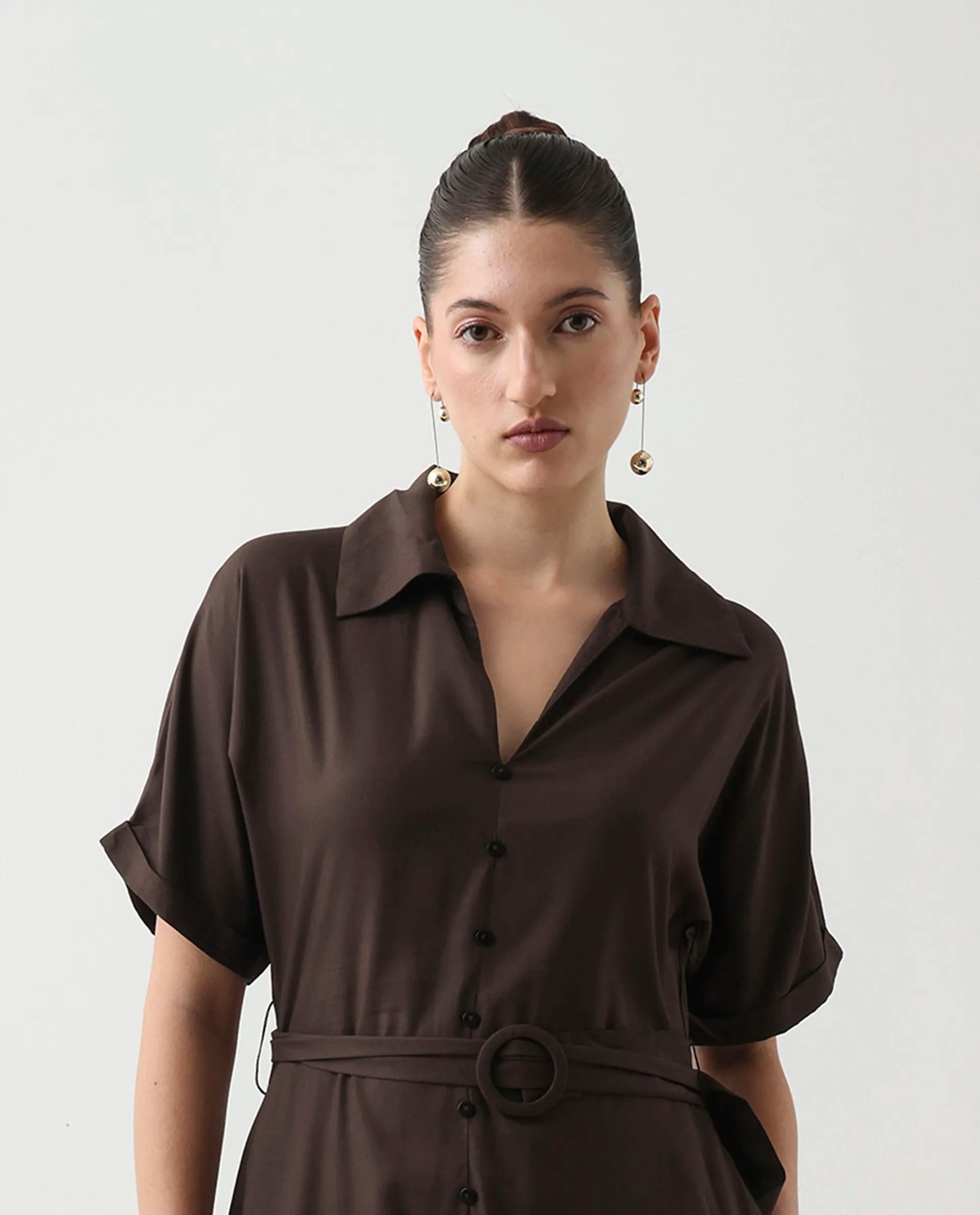 Rareism Women's Elate Brown Viscose Johnny Collar A-Line Plain Midi Dress - Image 3