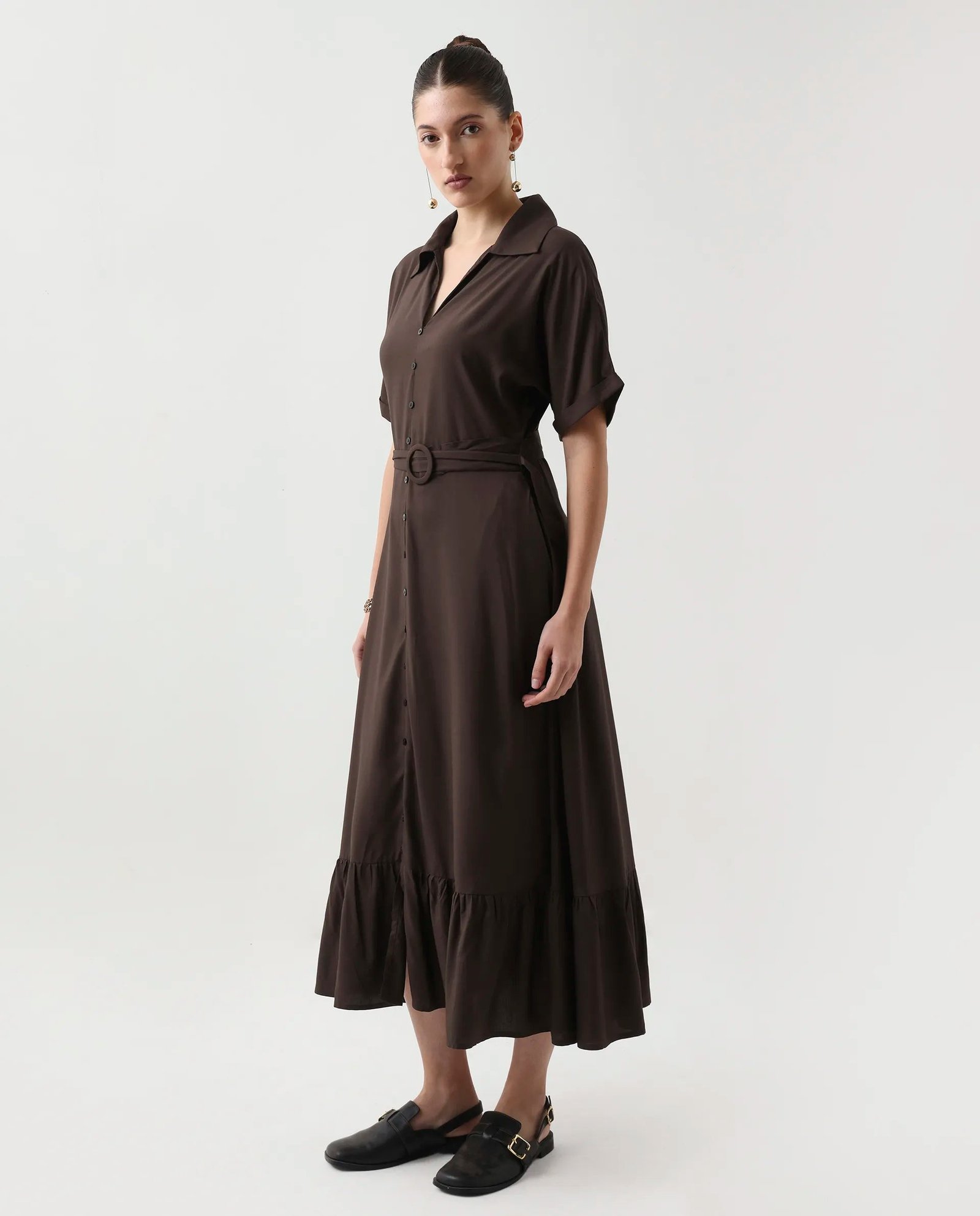 Rareism Women's Elate Brown Viscose Johnny Collar A-Line Plain Midi Dress - Image 4