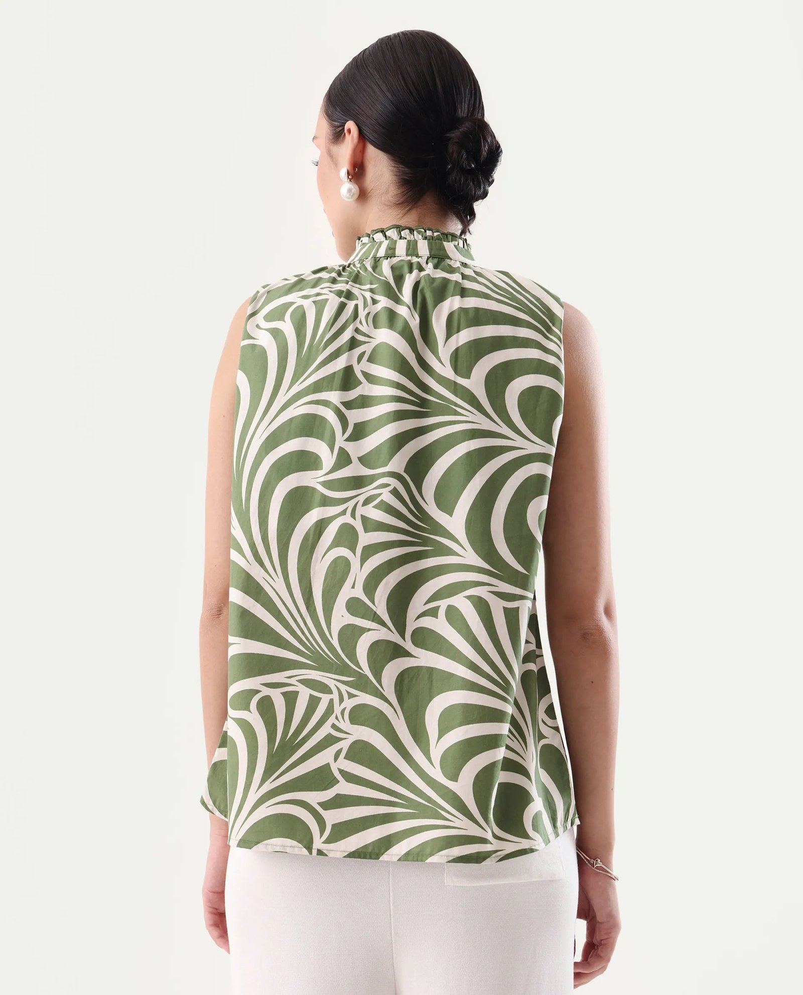 Rareism Women's Elcie Olive Cotton Mandarin Collar Regular Fit Top - Image 6