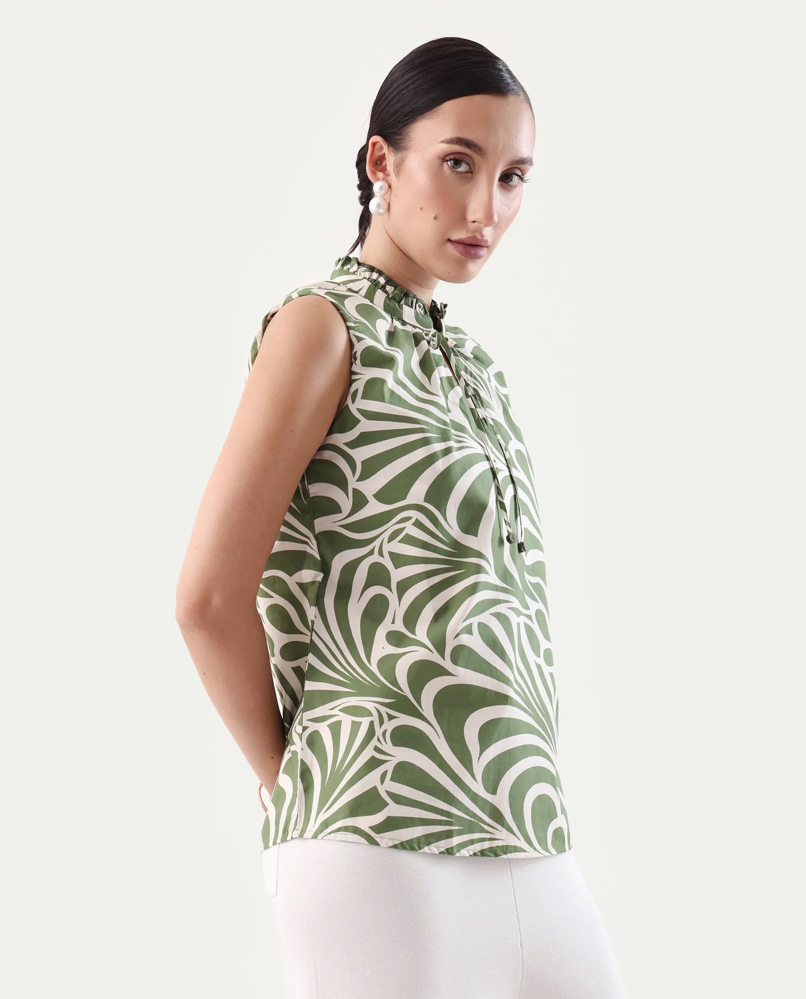 Rareism Women's Elcie Olive Cotton Mandarin Collar Regular Fit Top - Image 5