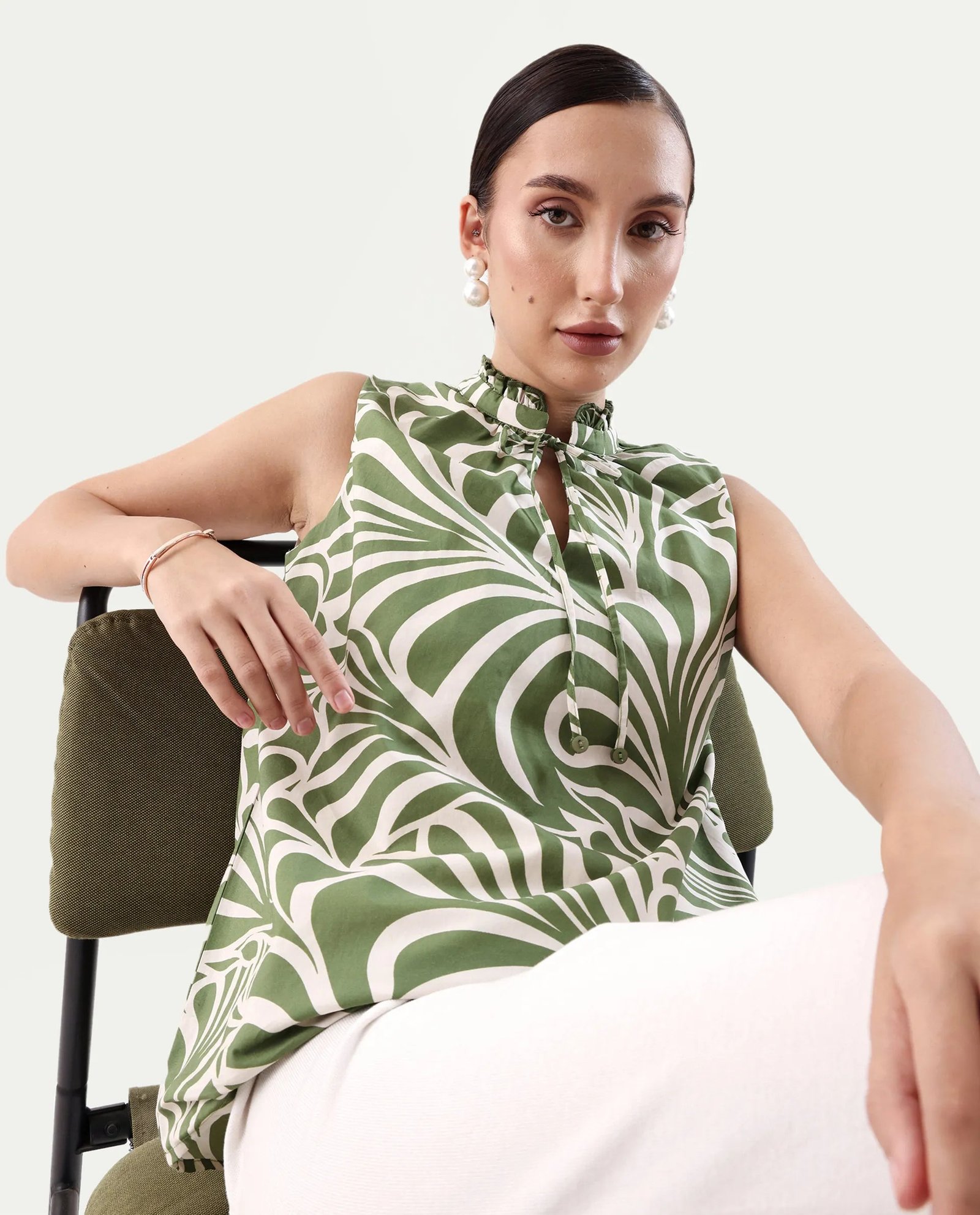 Rareism Women's Elcie Olive Cotton Mandarin Collar Regular Fit Top - Image 3