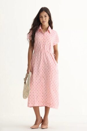Rareism Women's Eleen Pink Cotton Collared Neck A-Line Printed Midi Dress