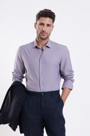 Rare Rabbit Men's Mero-25 Light Purple Viscose Striped Print Regular Fit Full Sleeve Collared Shirt