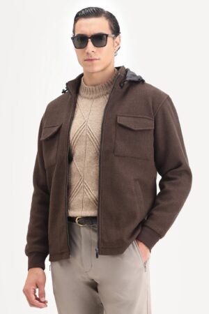 Rare Rabbit Men's Meron-25 Dark Brown Polyester Textured Relaxed Fit Full Sleeve Hooded Jacket