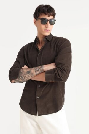Rare Rabbit Men's Buita Dark Brown Cotton Plain Regular Fit Full Sleeve Collared Shirt