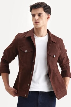 Rare Rabbit Men's Scut Brown Cotton Blend Fabric Collared Neck Relaxed Fit Plain Jacket